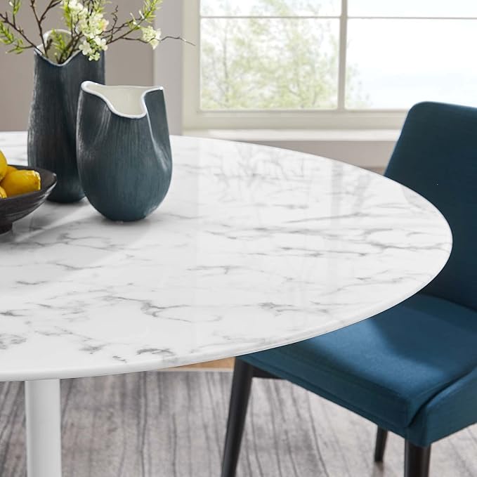 Modway Lippa Round 54" Mid-Century Modern Artificial Marble Dining Table in White