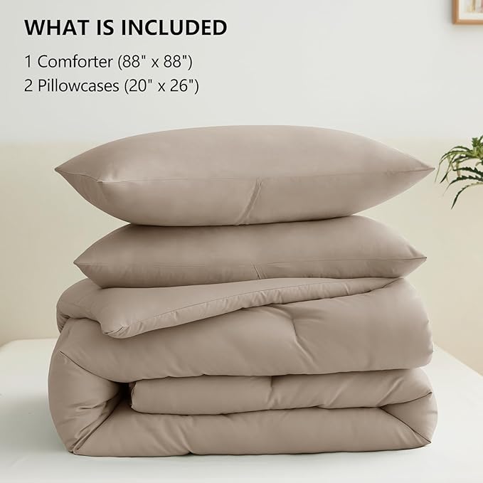 CozyLux Queen Comforter Set Khaki, 3 Pieces Lightweight Comforters Queen Size Quilted Bedding Sets, All Season Breathable Solid Down Alternative Comforter with 2 Pillowcases, Bed Set Gift for Home