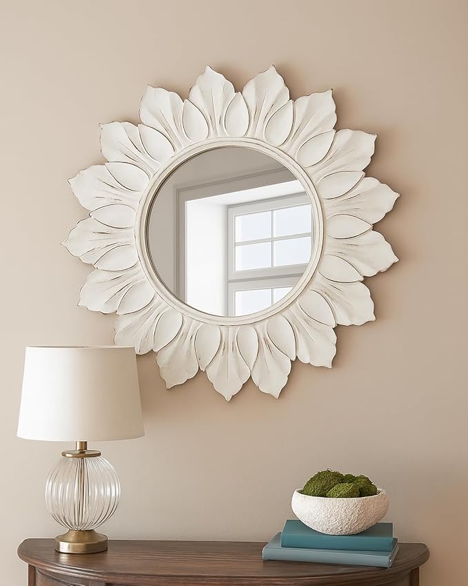 Sunflower Sunburst Wall Mirror, 22" Distressed White Wooden Frame, Handcrafted Petal Floral Design, Vintage Farmhouse Style Mirror for Wall Decor for Living Room, Bedroom, Bathroom, Vanity