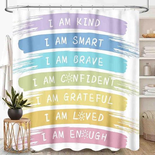 Rainbow Shower Curtain for Girls Bathroom, Kids Baby Boho Cute Inspirational Motivational Quotes Bohemian Cartoon Colorful Pastel Waterproof Fabric Shower Curtain Set with Hooks, 72"x84" Inch