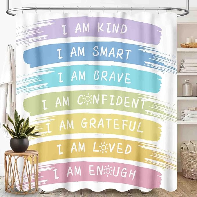 Rainbow Shower Curtain for Girls Bathroom, Kids Baby Boho Cute Inspirational Motivational Quotes Bohemian Cartoon Colorful Pastel Waterproof Fabric Shower Curtain Set with Hooks, 72"x84" Inch