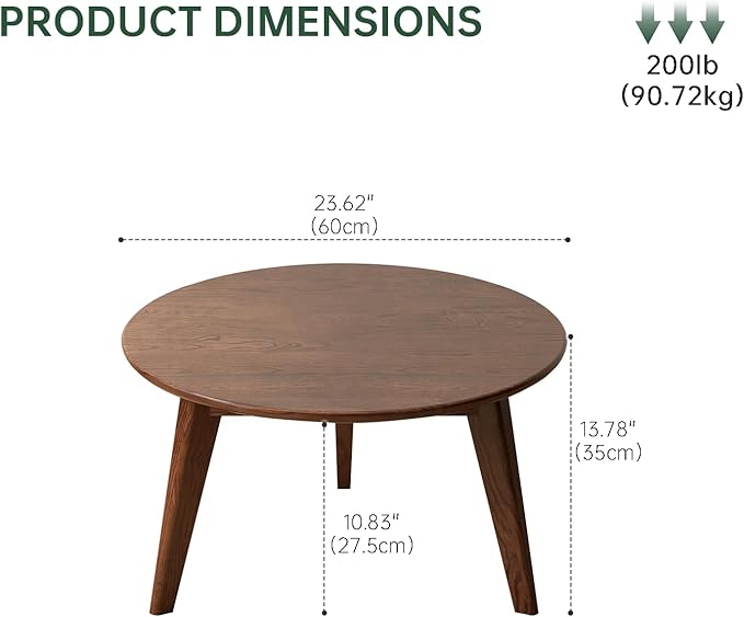 100% Solid Wood Round Coffee Table, Small Coffee Table w/Sturdy Legs, Wood Side Table for Bedroom Balcony Living Room (Walnut, 23.62" D x 13.78" H)