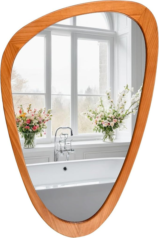 FUIN Asymmetrical Irregular Wall Mirror 30.5" x 19.5" – Solid Wood Frame Mid Century Modern Decor, Organic Pebble Shaped HD Glass for Bathroom Vanity, Bedroom, Living Room & Entryway (Teak Finish)