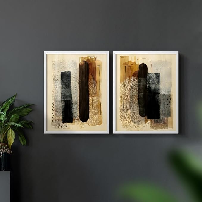 Renditions Gallery Set of 2 Peel & Stick Framed Prints, Pattern Abstract Wall Art, Burnt Toast Pattern Wall Decor, Re-Stickable - Ready to Hang - 22"x28" - White Frame LT588