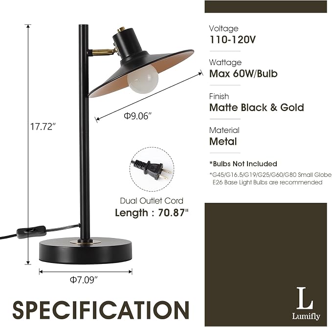 Modern Desk Lamp Black Gold Table Lamp Metal Reading Light with Adjustable Swivel Arm Reading Lamp for Nightstand Bedside Table, Office Desk, Living Room