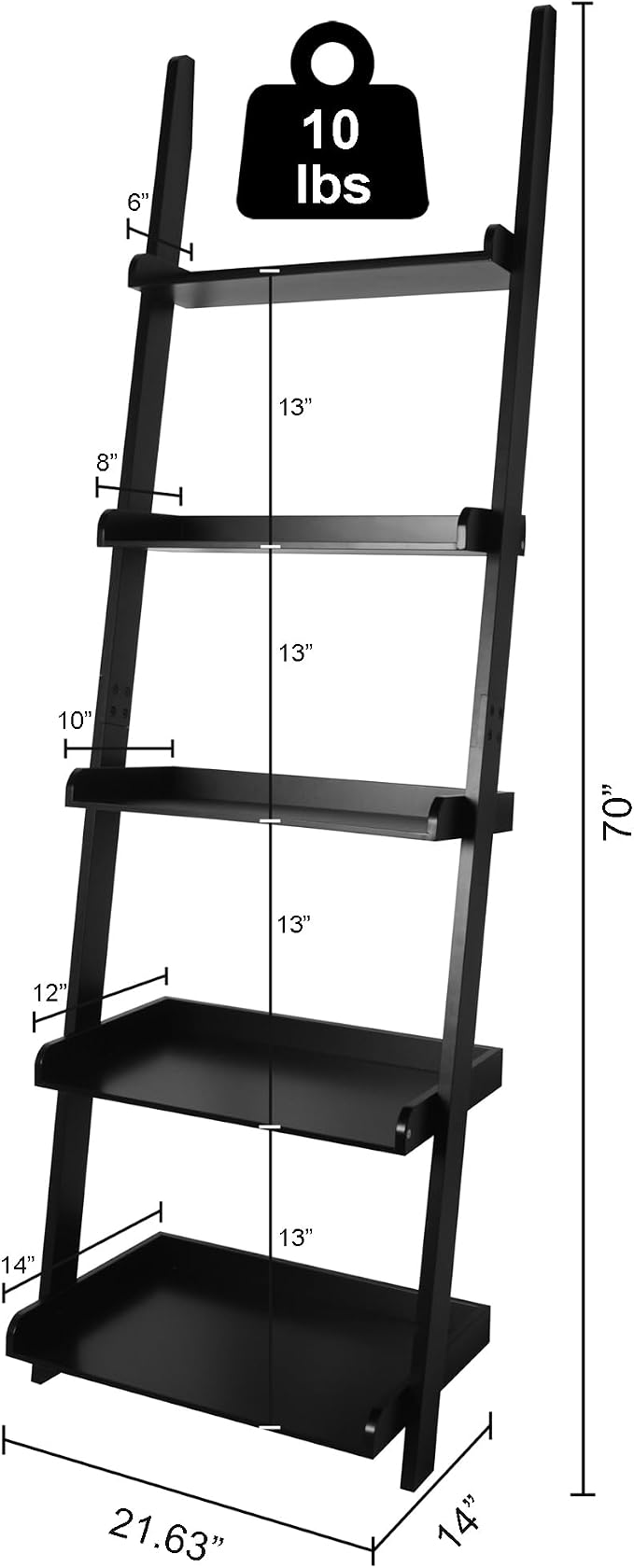 eHemco Modern 5 Tier Leaning Wall Ladder Bookshelf Organizer, Storage Rack, 70 Inches, Black