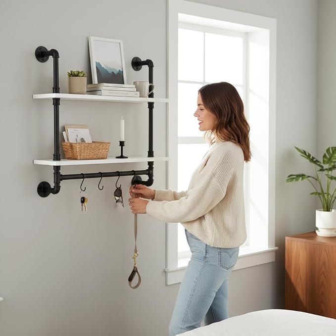 ROGMARS White Floating Wall Shelves Industrial Pipe Shelving 30 Inch Wood Bathroom Shelves with Towel Bar Over Toilet, Rustic Farmhouse Pipe Wall Shelves for Kitchen Living Room (30inch 2 Tier)