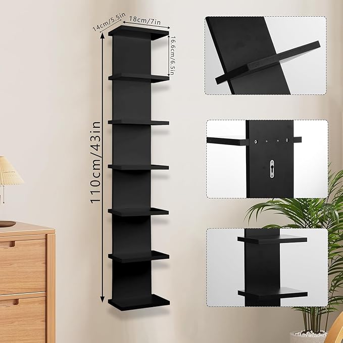 2 Pack 7 Tier Wall Shelf Unit - Lack Floating Shelf, Compact Display Floating Shelf, Vertical Column Wall Decor Mount Floating Storage Organizer Tall Tower Shelf for Bedroom, Living Room