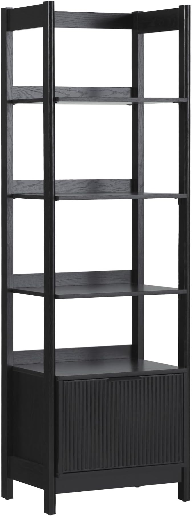 Walker Edison Transitional Reeded Narrow Open Bookshelf with Drawer on Bottom for Home Office, Living Room, Bedroom, 4-Shelf Bookcase with Bottom Storage, 22”W x 16.75”D x 70”H, Black