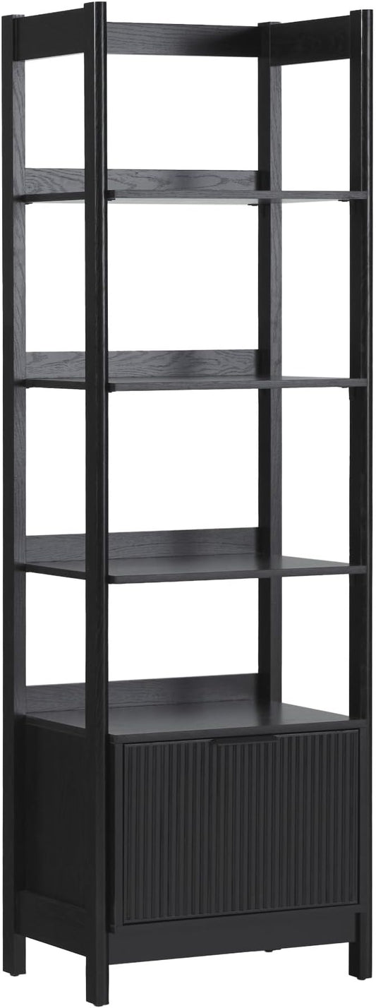 Walker Edison Transitional Reeded Narrow Open Bookshelf with Drawer on Bottom for Home Office, Living Room, Bedroom, 4-Shelf Bookcase with Bottom Storage, 22”W x 16.75”D x 70”H, Black