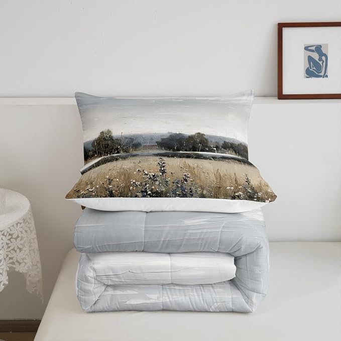 Erosebridal Vintage Farmhouse Comforter Rustic Wildflower Field Toddler Bedding Set Classical Flowers Landscape Bedding for Kids Adults Nature Countryside Scenery Duvet Insert 2Pcs Room Decor