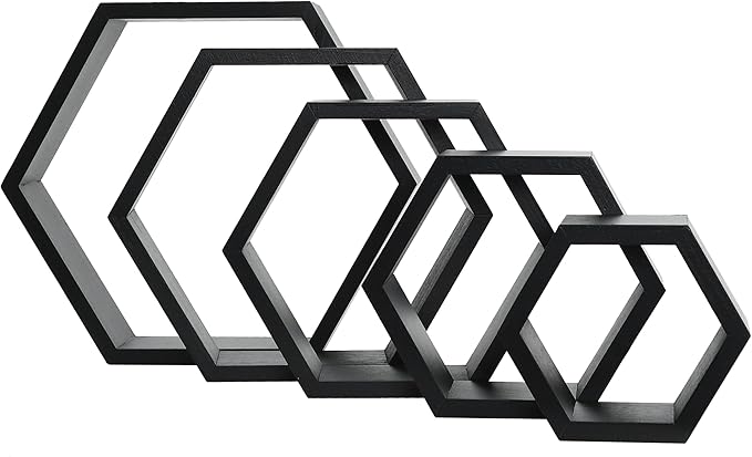 PHOENANCEE Hexagon Floating Shelves,Wall Mounted Wood Farmhouse Storage Honeycomb Shelf Set of 5,for Bathroom, Kitchen, Bedroom, Living Room,Office,Home Room Wall Decor Driftwood Finish