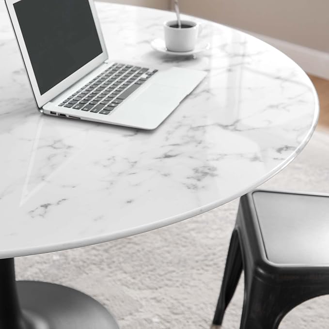 Modway Lippa 54" Round Artificial Marble Dining Table, Top, Black Base