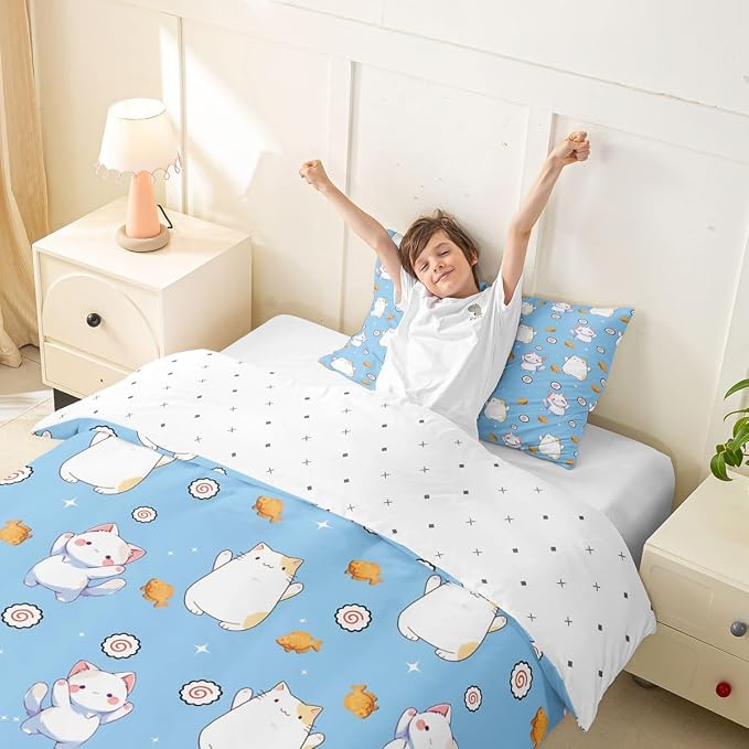 Erosebridal Cute Cat Toddler Duvet Cover Kawaii Cats Kitten Bedding Set Pet Animals Cat Lovers Comforter Cover for Kids Girls Boys Adults Sushi Snacks Blue Bed Set