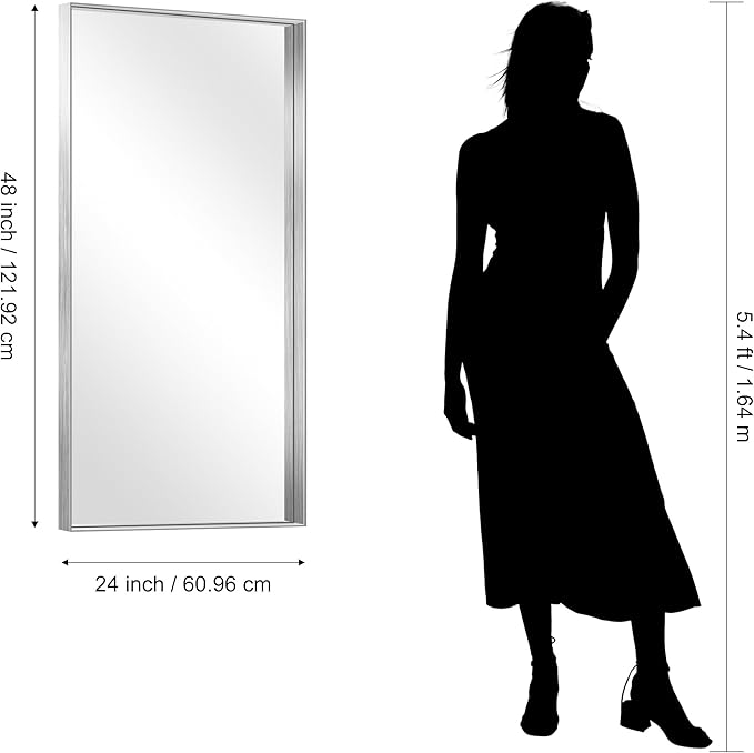 CIRCUMI Silver Bathroom Mirror, 24"x48" Rectangular Mirror with Deep Metal Frame, Brushed Finish, Tempered Glass, Large Mirror for Wall, Over 2 Sinks, Installed Vertically/Horizontally, Crystal-Clear