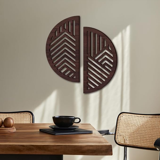 Hollow Round Wood Art Wall Decor, Modern Vintage Wooden Round Wall Sculptures, Half Round Wall Decor Hanging Abstract Panel 3D Geometric Wood Wall Art Decor for Home Office Living Room Bedroom (Brown)