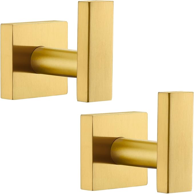 Angle Simple Towel Hooks for Bathroom, SUS304 Stainless Steel Square Robe Coat Wall Hooks, Hand Towel Holder, Brushed Dark Gold, 2 Pack