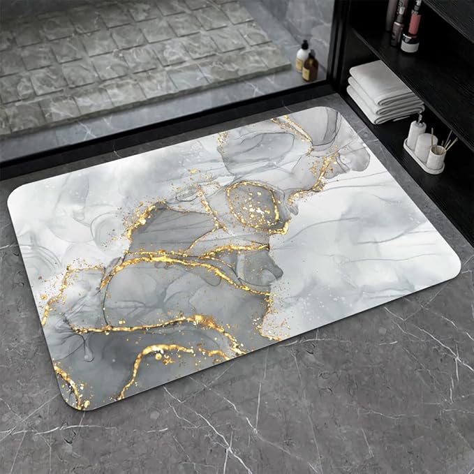 Diatomaceous Earth Bath Mat,Gold Grey Marble Non-Slip Volume Super Absorbent Fast Drying for Bathroom Kitchen Door mat,Eco-Friendly Easy to Clean 16×24Inch (40 * 60cm)