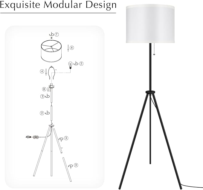 BoostArea Mid Century Standing Lamp, 59.5" Tripod Floor Lamp with White Linen Lamp Shade for Living Room, Bedroom, Study Room, Office (Bulbs Not Included)