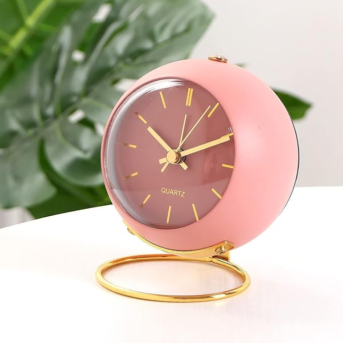 SHISEDECO Small Tableclocks Classic Non-Ticking Tabletop Alarm Clock with Night Light, Battery Operated Deskclock with HD Glass for Living Room Bedroom Bedside Indoor Decor (RN-Pink)