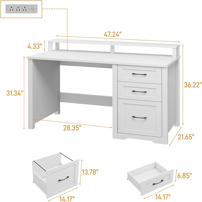 Vabches 47" Farmhouse Executive Desk with Monitor Stand & File Cabinet,3 Drawers Computer Desk with LED Lights and Power Outlets,Workstation for Home Office, Study,Writing.（White）