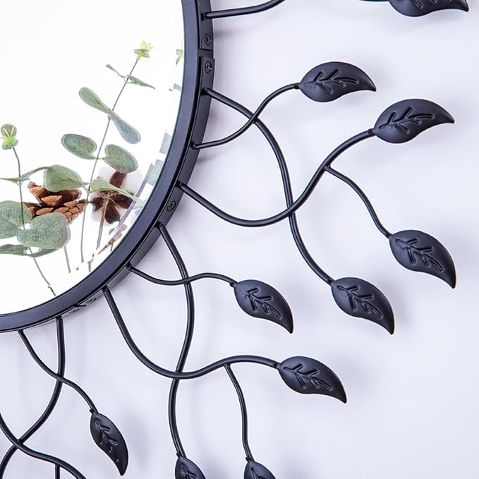 Chende 32" Wall Decorative Mirror with Metal Leaves, Black Living Room Mirror with Beveled Edge, Glam Mirror for Bedroom, Foyer, Entrance