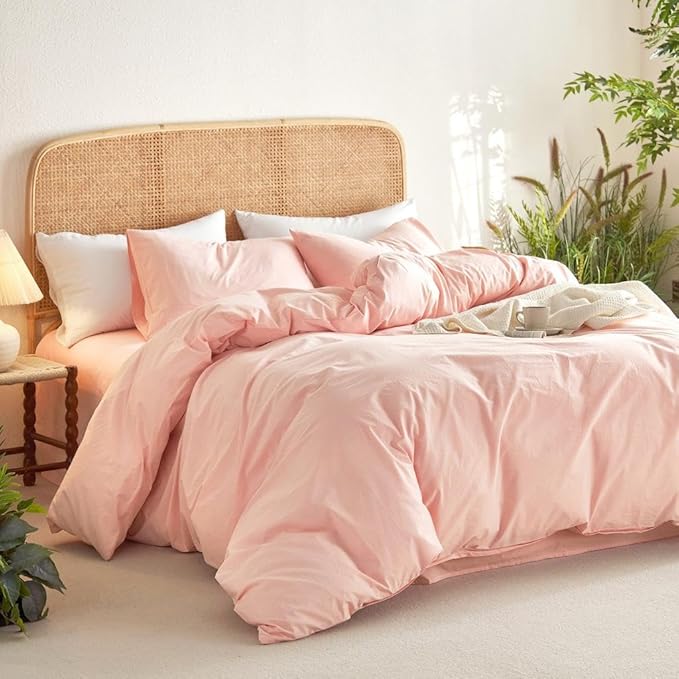 Wake In Cloud - Cotton Duvet Cover Set, 100% Washed Cotton, Linen Like Textured, Breathable Durable Comfy Farmhouse Neutral Bedding Set, 3 Pieces, Pink, Full Size