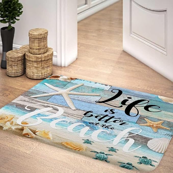 Beach Starfish Sea Shell Ocean Bathroom Rugs Mat, Non Slip Rustic Beach Bath Rugs for Bathroom, Durable Rustic Wooden Flannel Mat Rug, Absorbent Water Clearance Mats for Laundry Room Kitchen,17X29