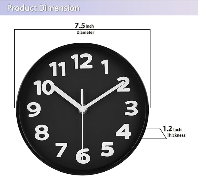 JENLYSTIME 8 Inch Black Modern Wall Clock – Silent Non-Ticking, Bold 3D Numbers, Precise Quartz Movement | Decorative Desk & Wall Clock with Stand for Home, Kitchen, Bedroom, or Office