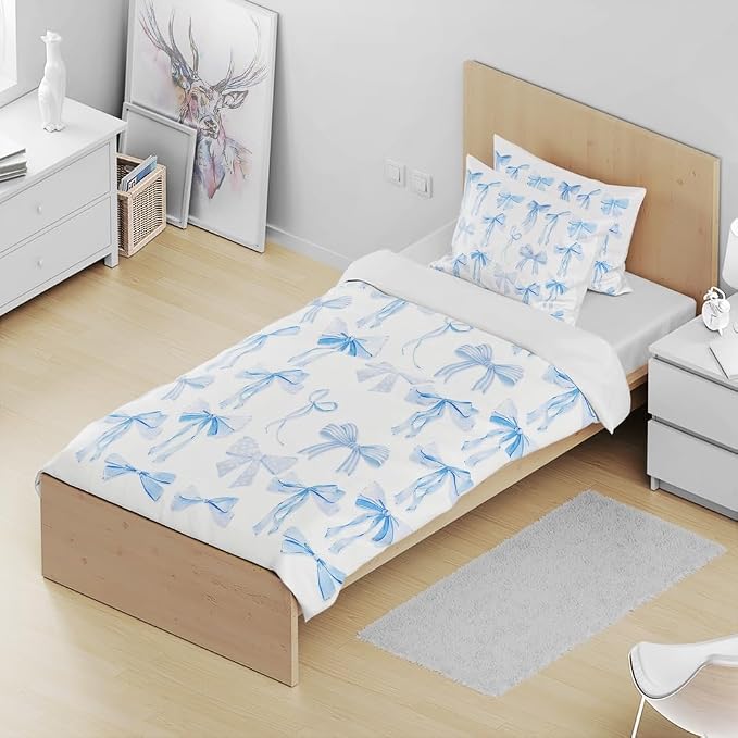 Trendy Blue Bow Duvet Cover Twin Size Dreamy Princess Style Bedding Set Bowknot Bed Cover,Kids Girls Super Soft Bedding Set for Teens Funky Preppy Coquette Girly Room Bed Decor 68"x88"