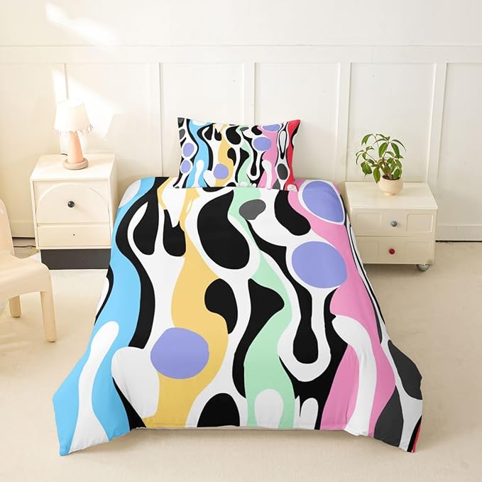 Erosebridal Organic Abstract Duvet Cover Set Modern Contemporary Twin Bedding Sets for Girls Child Boys Boho Mid Century Wavy Lines Comforter Cover Retro Geometric Bed Set,Rainbow Purple