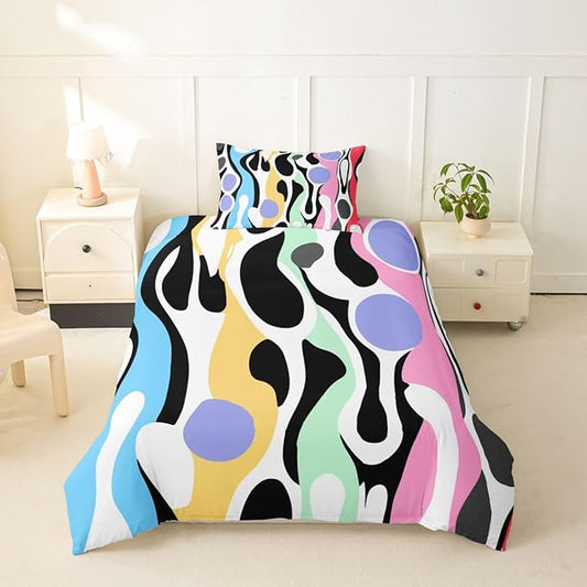 Erosebridal Organic Abstract Duvet Cover Set Modern Contemporary Girl Toddler Bedding Set for Child Boys Boho Mid Century Wavy Lines Comforter Cover Retro Geometric Bed Sets,Rainbow Purple