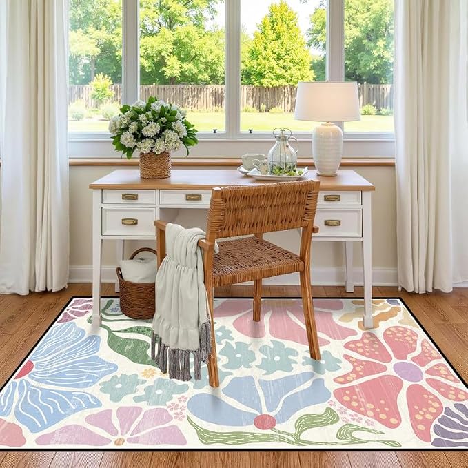 Floral Area Rug Modern Abstract Rug Pastel Flower Print Carpet Colorful Bohemian Plant Rugs for Entryway Bedroom Living Room Nursery Kitchen Playroom Home Decor,2'x3'