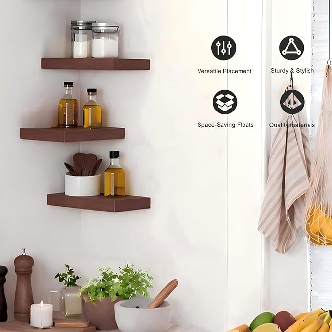 Bathroom Floating Shelves for Wall, Walnut Small 11.8" Floating Shelf for Storage, Display and Farmhouse Rustic Home Decor, Perfect Over Toilet for Bedroom, Kitchen or Living Room, 2-Pack