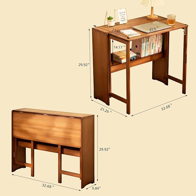 32.68" Space Saver Transformer Desk, Skinny Mid Century Modern Writing Table, Bamboo Foldable Study Table for Small Spaces, Compact Computer Desk for Bedroom Home Office Dorm Apartment (Walnut)