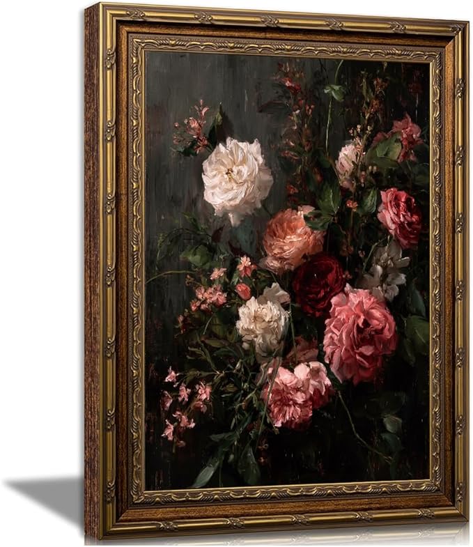 Dark Romantic Floral Wall Art Vintage Botanical Painting Moody Flower Still Life Print Gothic Dark Academia Wall Decor Antique Style Floral Picture Framed Vintage Frame 8x10 Inches