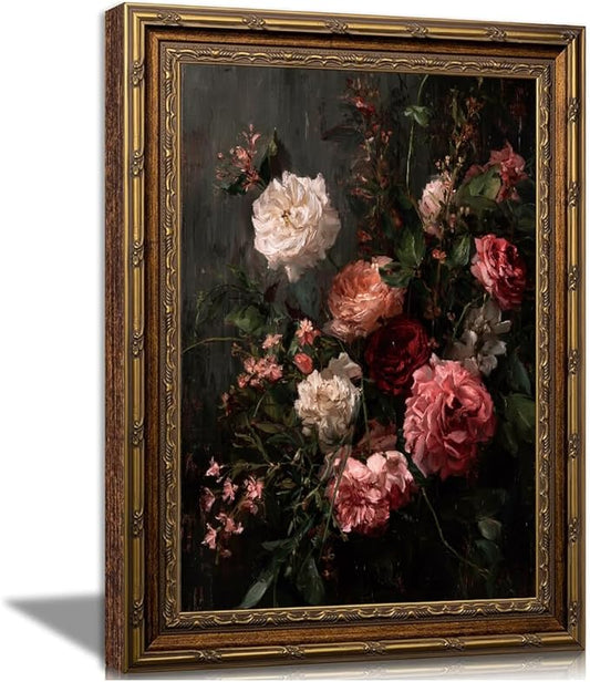 Dark Romantic Floral Wall Art Vintage Botanical Painting Moody Flower Still Life Print Gothic Dark Academia Wall Decor Antique Style Floral Picture Framed Vintage Frame 8x10 Inches