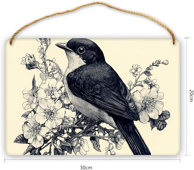 Retro Illustration wooden Bird & Floral Masterpiece Sign, 12x8 Inch Wall Decors for Collectors, Nostalgic Studio Accident, Unique Show & anniversary for Vintage Fans