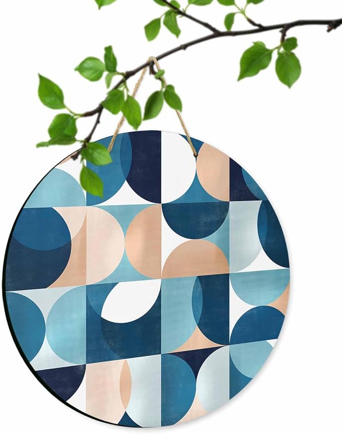 Welcome Sign for Front Door Mid Century Geometric Wood Door Hanger for Outdoor Outside Porch,10 Inch Round Wooden Wreath Indoor Wall Hanging Decoration, Abstract Modern Blue