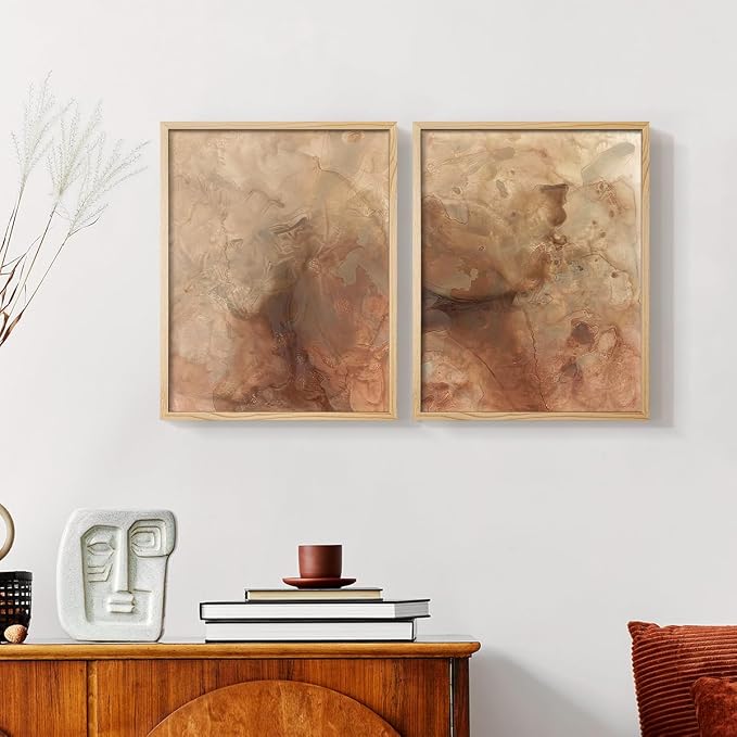 Renditions Gallery Set of 2 Peel & Stick Framed Prints, Abstract Wall Art, Brown Textured Marble Design Re-Stickable - Ready to Hang - 22"x28" - NATURAL WOOD Frame LT588