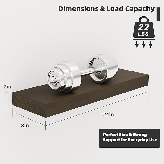 Floating Shelves Board for Wall with Brackets – 24" L x 8" W x 2" T Rich Walnut Melamine Wood Floating Shelves for Bathroom, Kitchen & Living Room Set of 2– DIY & Replacement