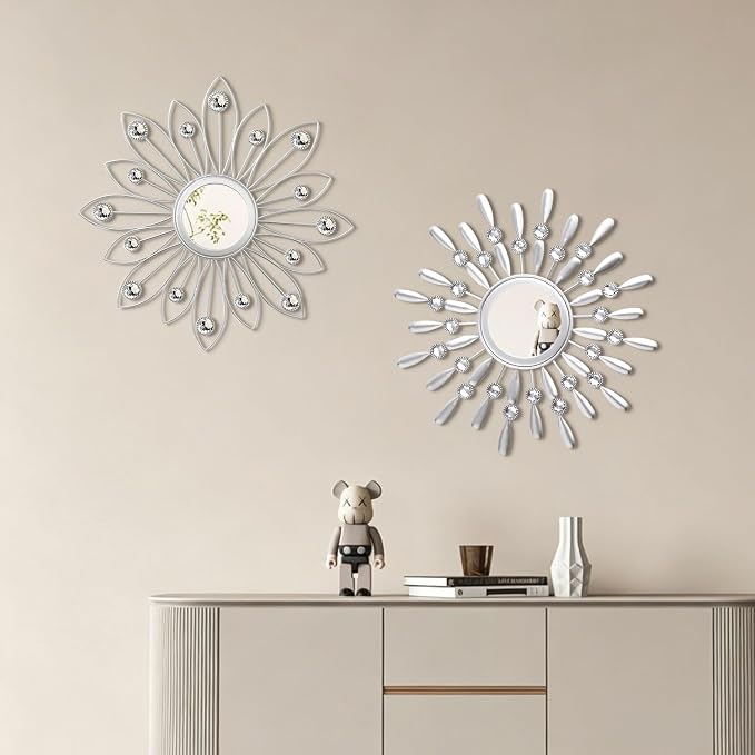 2 Pack Metal Mirrors for Wall Boho Sunburst Wall Mirror Home Decor Modern Decorative Wall Art for Bedroom Living Room Entryway
