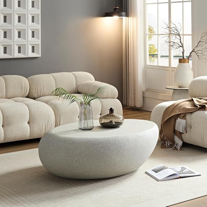 Oval Coffee Table Faux Stone Table Outdoor Irregular Coffee Table Contemporary Center Table for Living Room Apartment Indoor, No Need Assembly (43.31'' Matte Beige)