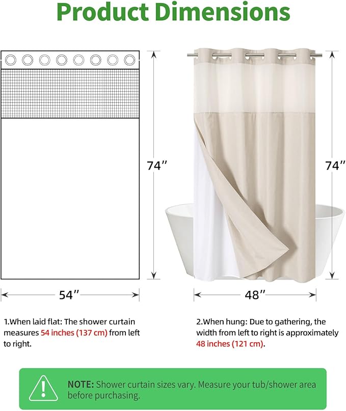 Stall No Hooks Needed Linen Textured Shower Curtain with Snap-in Fabric Liner Set,Hotel Luxury Decor Shower Curtains for Bathroom,Waterproof & Washable,54Wx74H,Cream