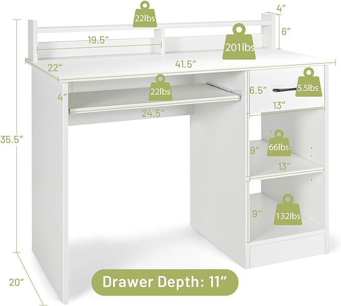Tangkula White Desk with Drawer & Keyboard Tray, 22 Inch Wide Modern Study Writing Desk with Desktop Hutch & Storage Shelves, Home Office Desk for Teens, Wood PC Laptop Desk, Desk for Bedroom