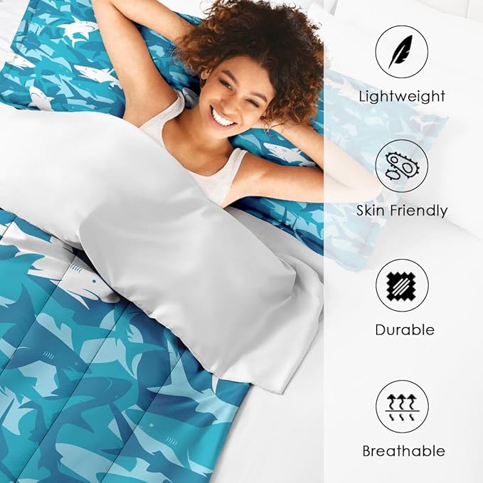 Blue Shark Fish Full Comforter Set, Ocean Surf Camouflage Bedding Set 3 Piece, All Season Soft Toddlers Children Adults Bedroom Bed Decoration Comforter and 2 Pillow Shams