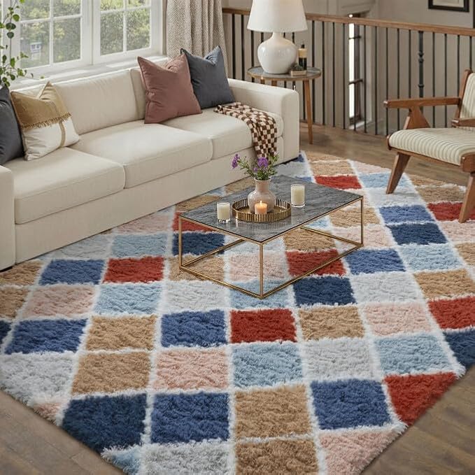 8x10 Checkered Rug for Living Room Rainbow Modern Soft Area Rug Fluffy Non-Slip Carpet for Bedroom Playroom Home Aesthetic Decor