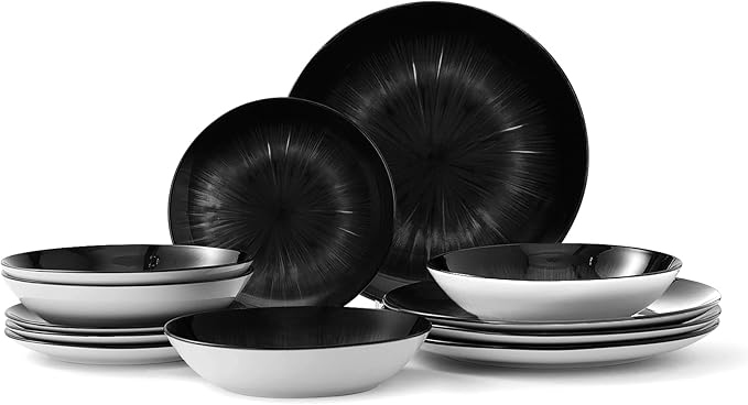Bestone 12 Piece Round Kitchen Dinnerware Sets,Plates and Bowls sets,Dishes, Plates, Bowls, Dish Set，Plates and Bowls,Service for 4, Chip Resistant Porcelain ，Starburst Turquoise Black