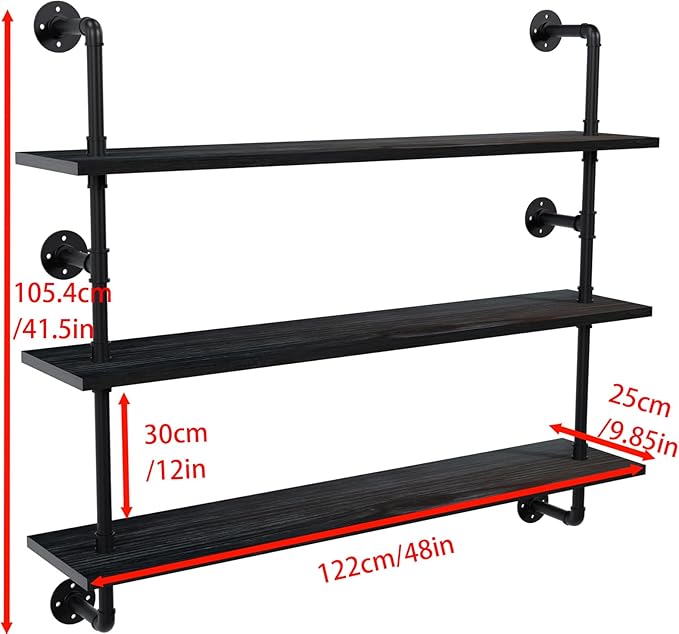 HDDFER Industrial Pipe Shelving Rustic Black Wall Shelves with Wood Planks Industrial Floating Shelves 48 Inch 3 Tier Farmhouse Bookshelf Pipe Shelves Wall Mounted,Open Shelving For living room/office
