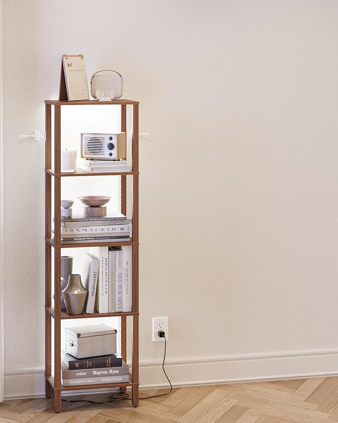 Open Book Shelf with LED Lights, 5 Tier Tall Bookshelf, Freestanding Shelf Narrow Bookcase with Open Shelves, 14.96" x 10.63" x 53.54", Book Shelves for Living Room, Office, Study, Walnut